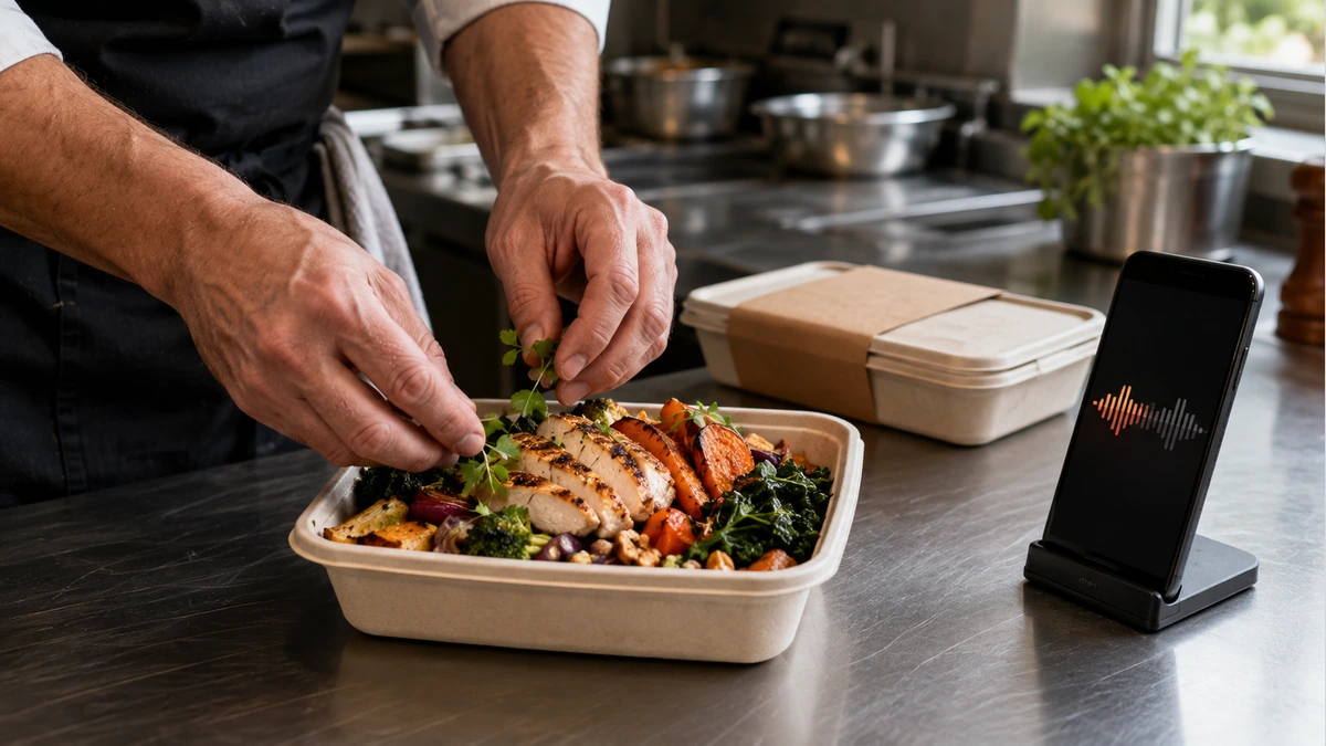 Illustrative scene of meal preparation beside a phone showing a voice waveform.