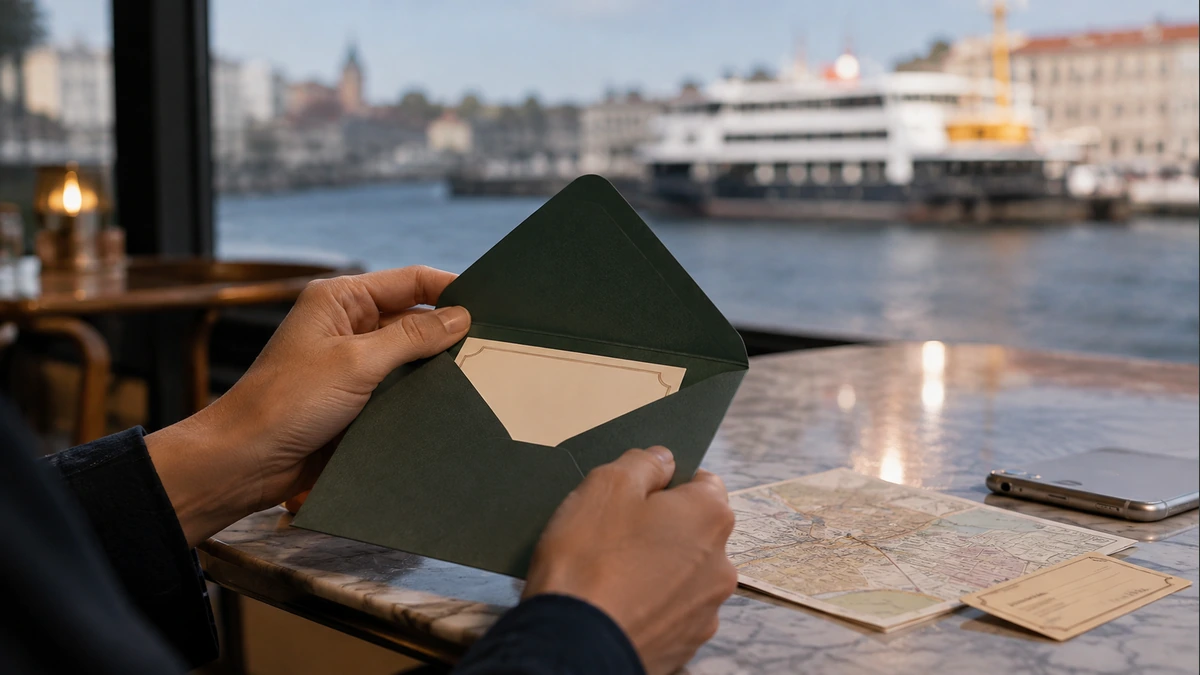 Illustrative scene of a traveller considering an experience gift beside a city map.