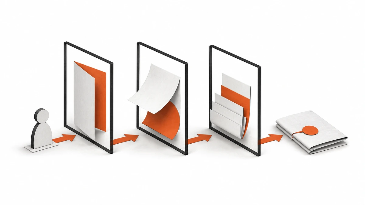 Illustration of a participant moving through reflective phases towards a personal summary.