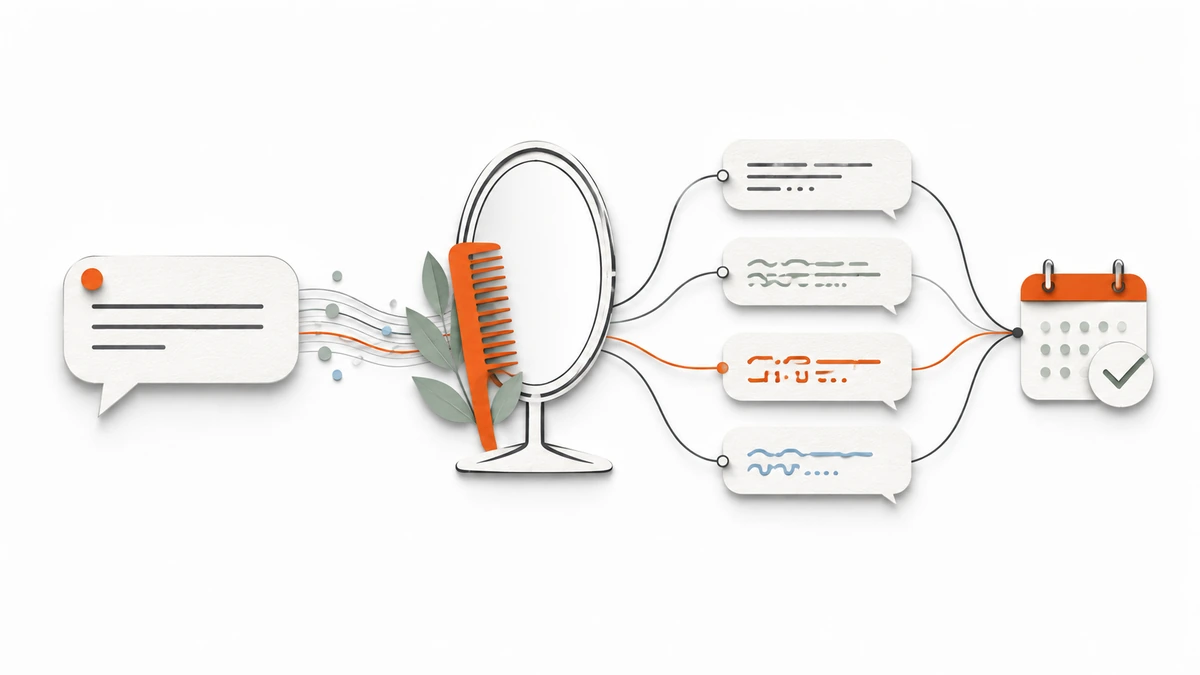 Illustration of a salon enquiry branching into multilingual replies and a booking hand-off.