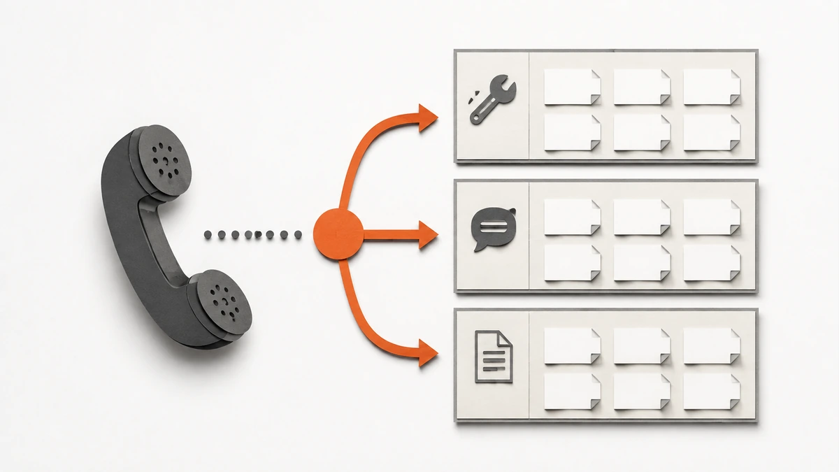 Illustration of a call routed to support, sales and accounts work queues.