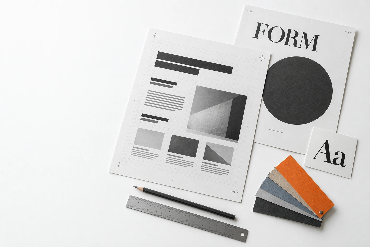 Still-life proof sheet of NFI-owned layouts, type specimens and swatches arranged on a light work surface