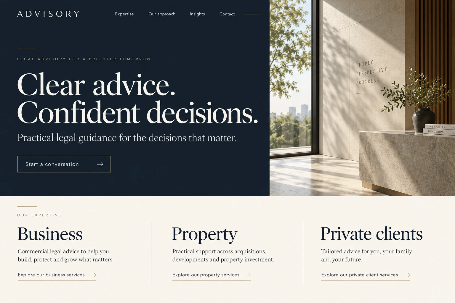 Professional services website concept with a navy editorial hero and clear practice areas