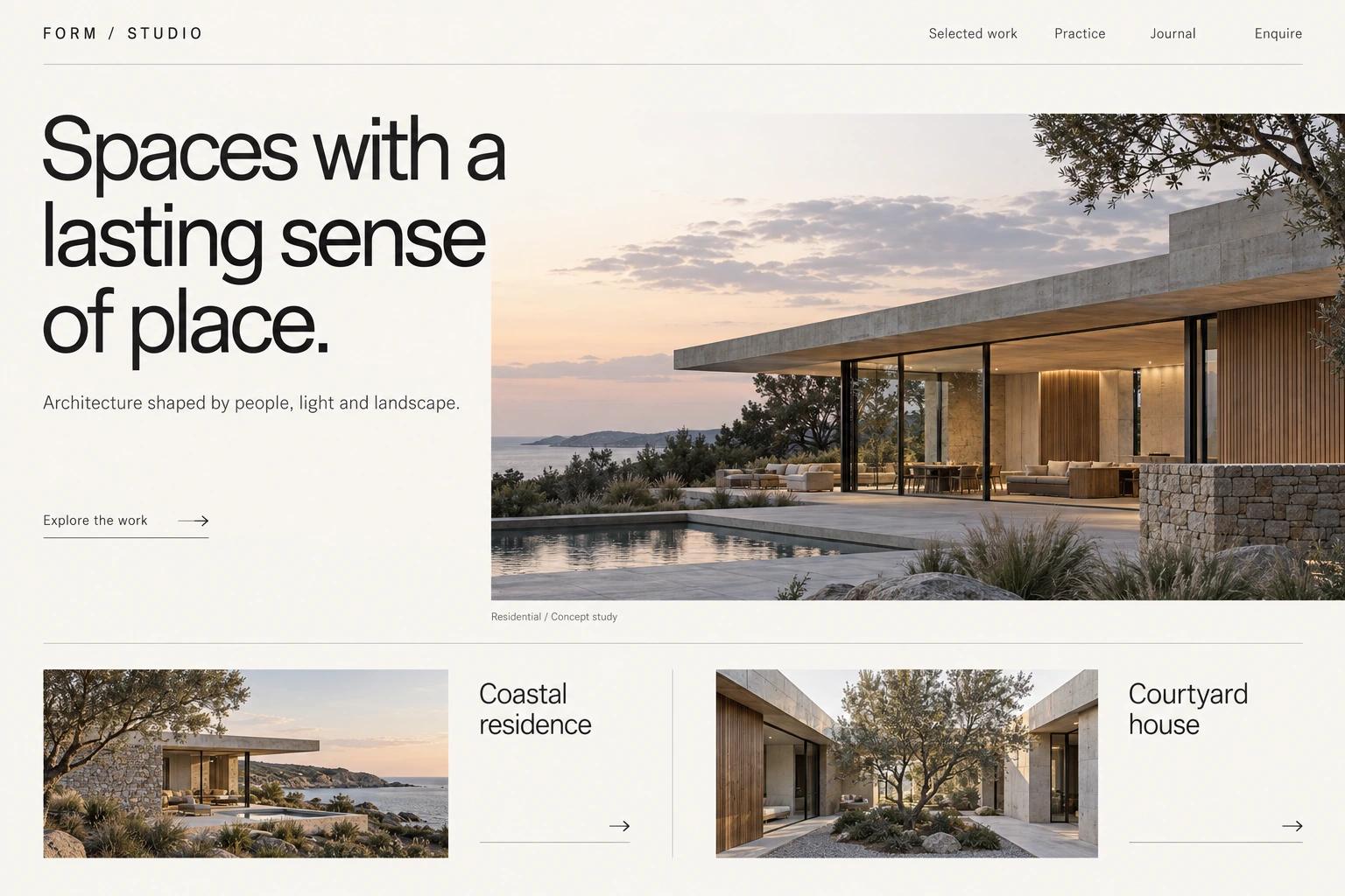 Architecture portfolio website concept with large project photography and restrained typography