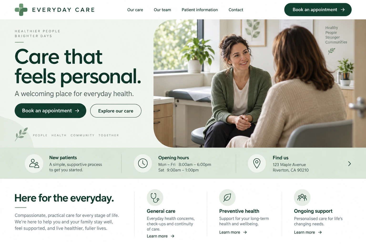 Healthcare website concept with sage accents, clinician photography and an appointment call to action