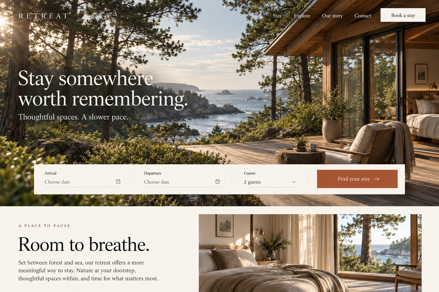 Boutique hospitality website concept with spacious room photography and a booking-led layout