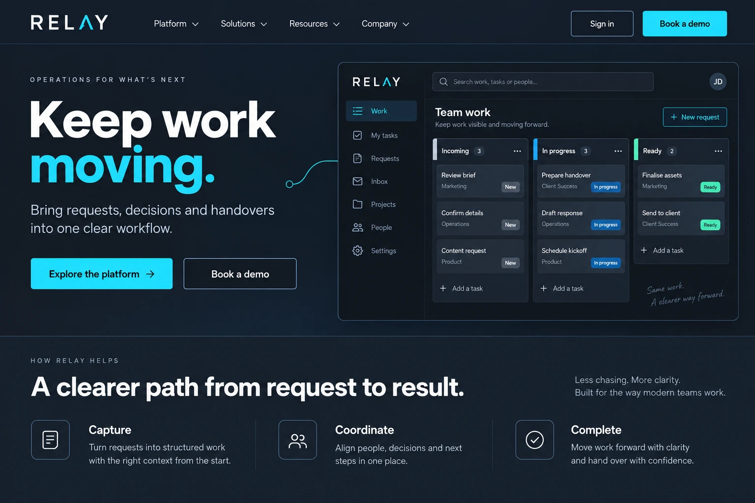 Business software website concept with a dark interface preview and focused product messaging