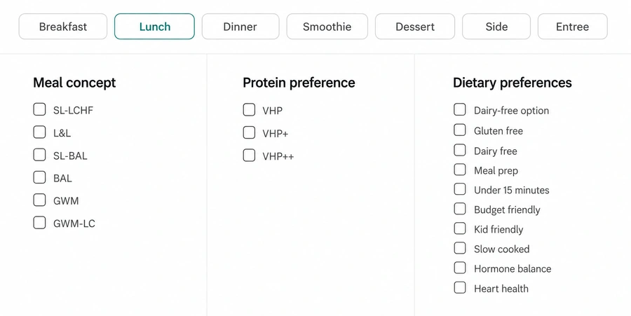 Happy Healthy Nutrition meal filtering interface